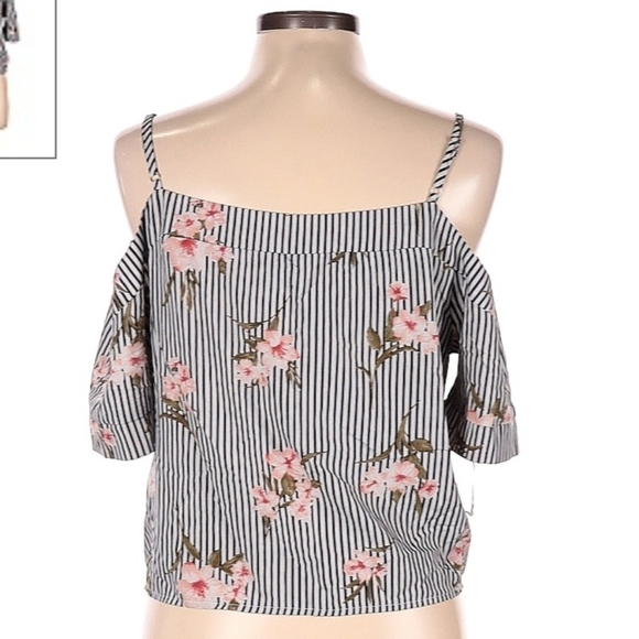 Paper Crane Tie Front Striped Floral Spaghetti Cold Shoulder Top Women's Large L - Picture 2 of 7